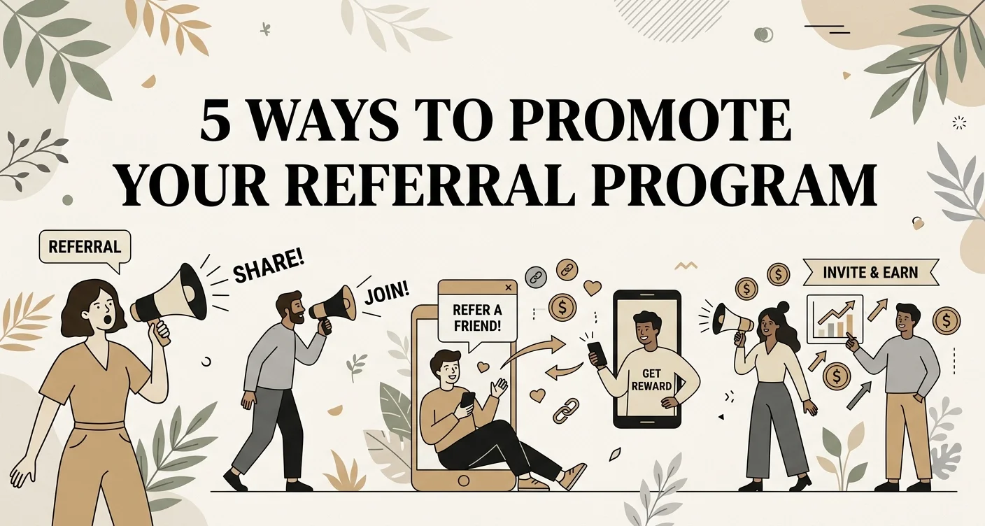Modern digital illustration with the title 5 Ways to Promote Your Referral Program displayed in white serif text on a periwinkle gradient background