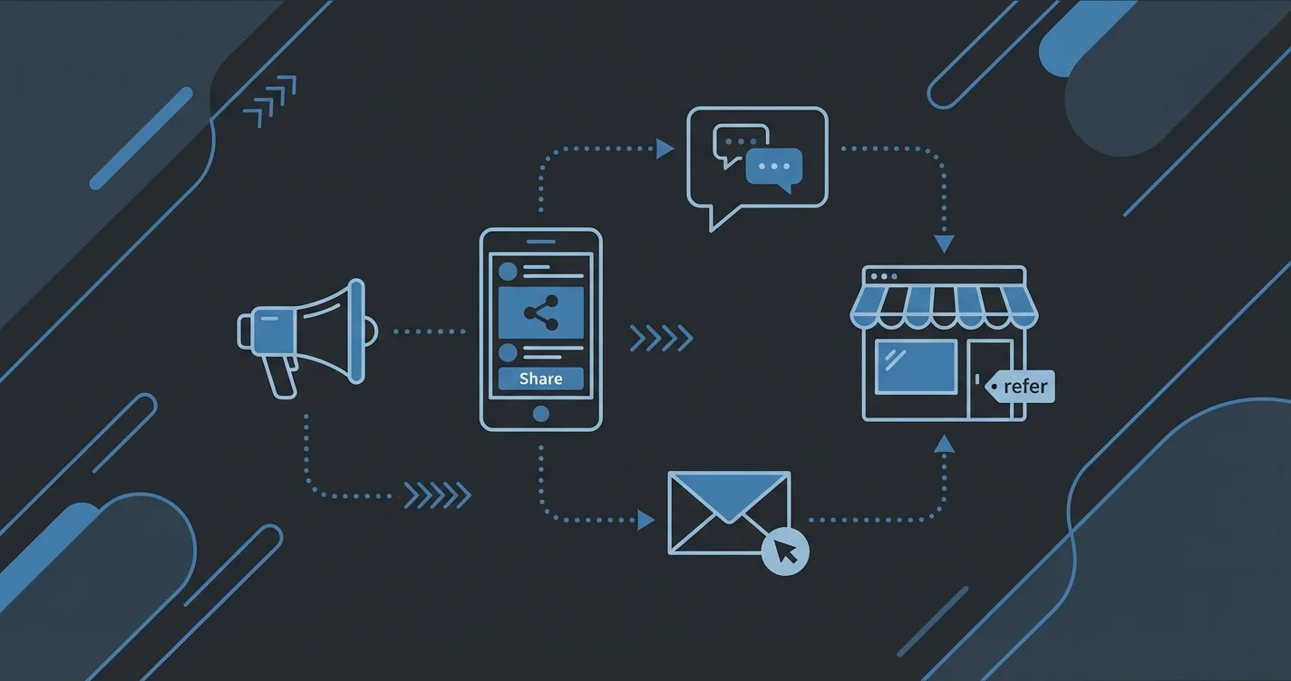 A collage of referral promotion channels: a phone showing a text message with a referral link, an Instagram bio with a link, a receipt with a referral URL, and in-store signage at a salon