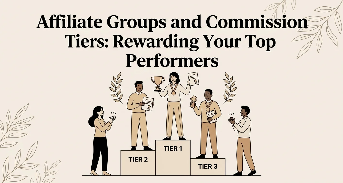 Modern digital illustration with the title Affiliate Groups and Commission Tiers displayed in white serif text on a periwinkle gradient background