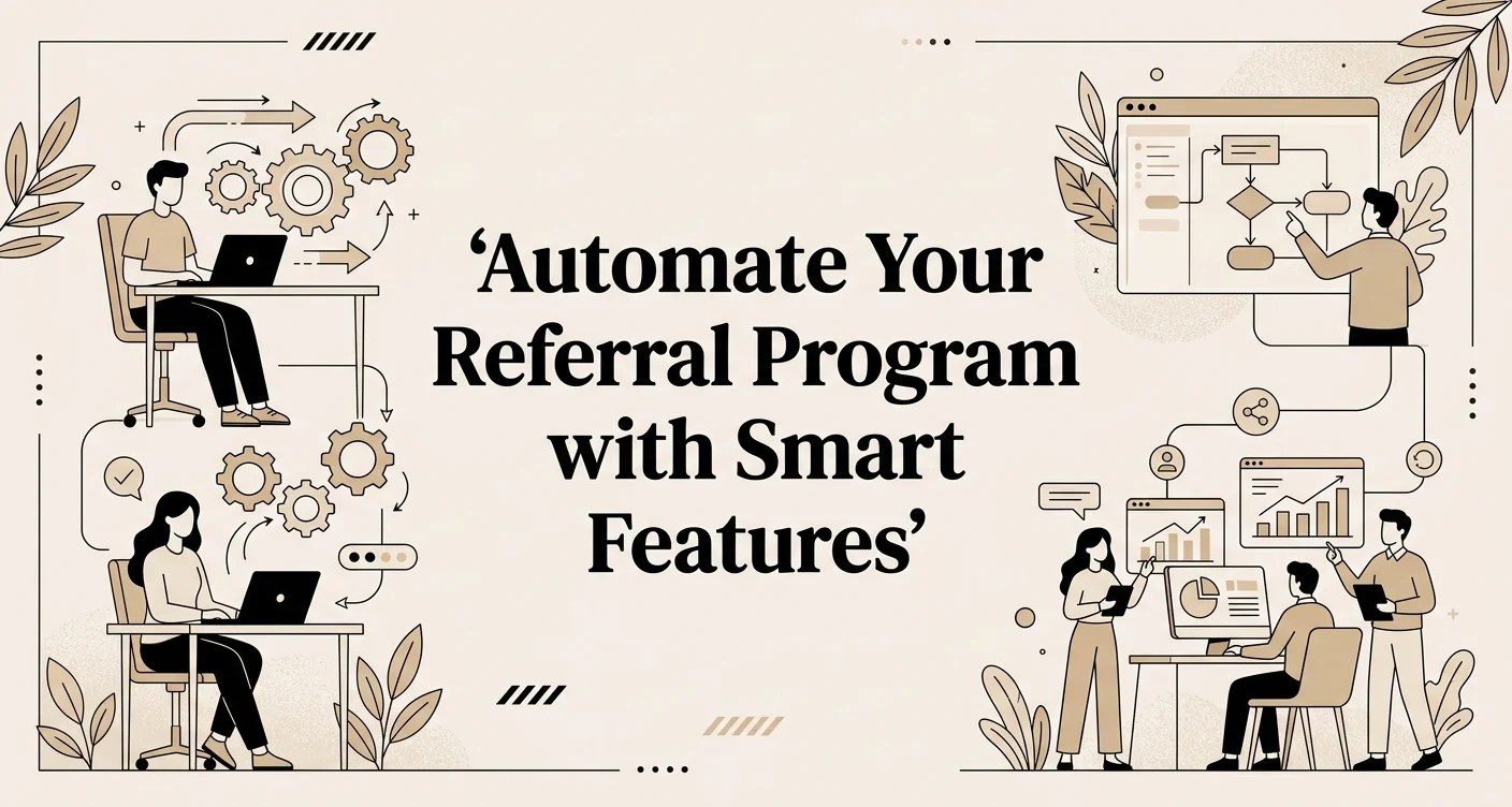 Modern digital illustration with the title Automate Your Referral Program with Smart Features displayed in white serif text on a periwinkle gradient background