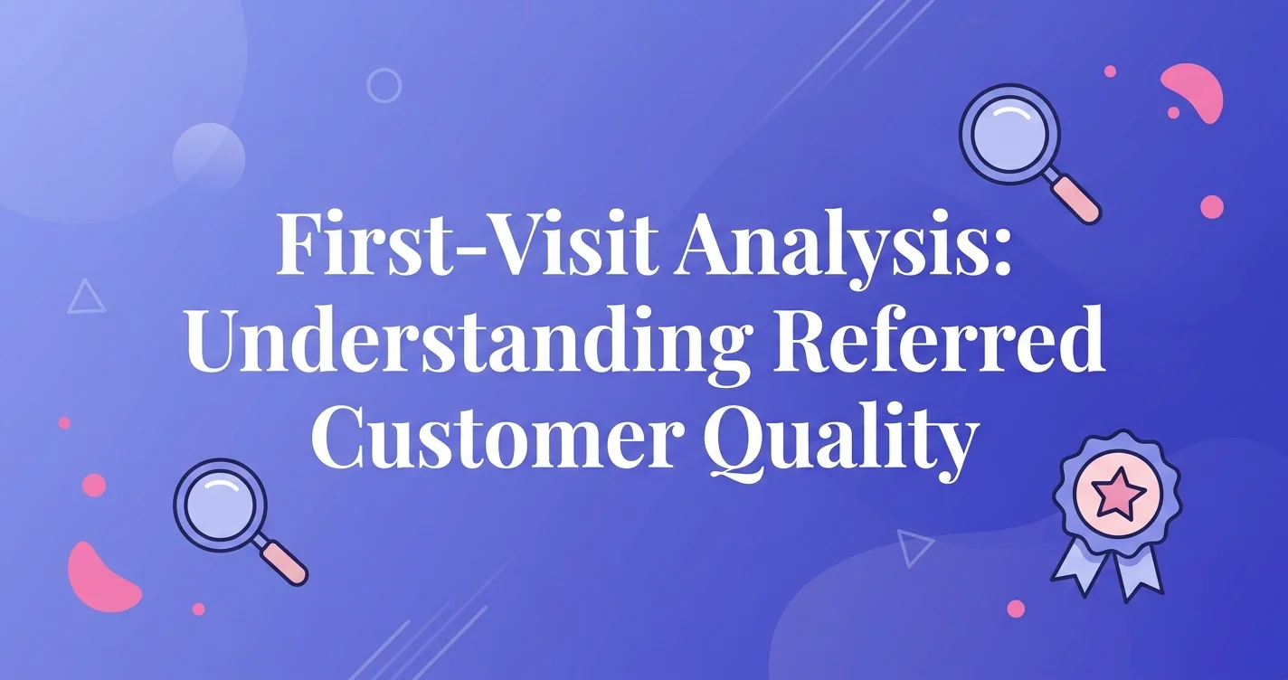 Modern digital illustration with the title First-Visit Analysis Understanding Referred Customer Quality displayed in white serif text on a periwinkle gradient background