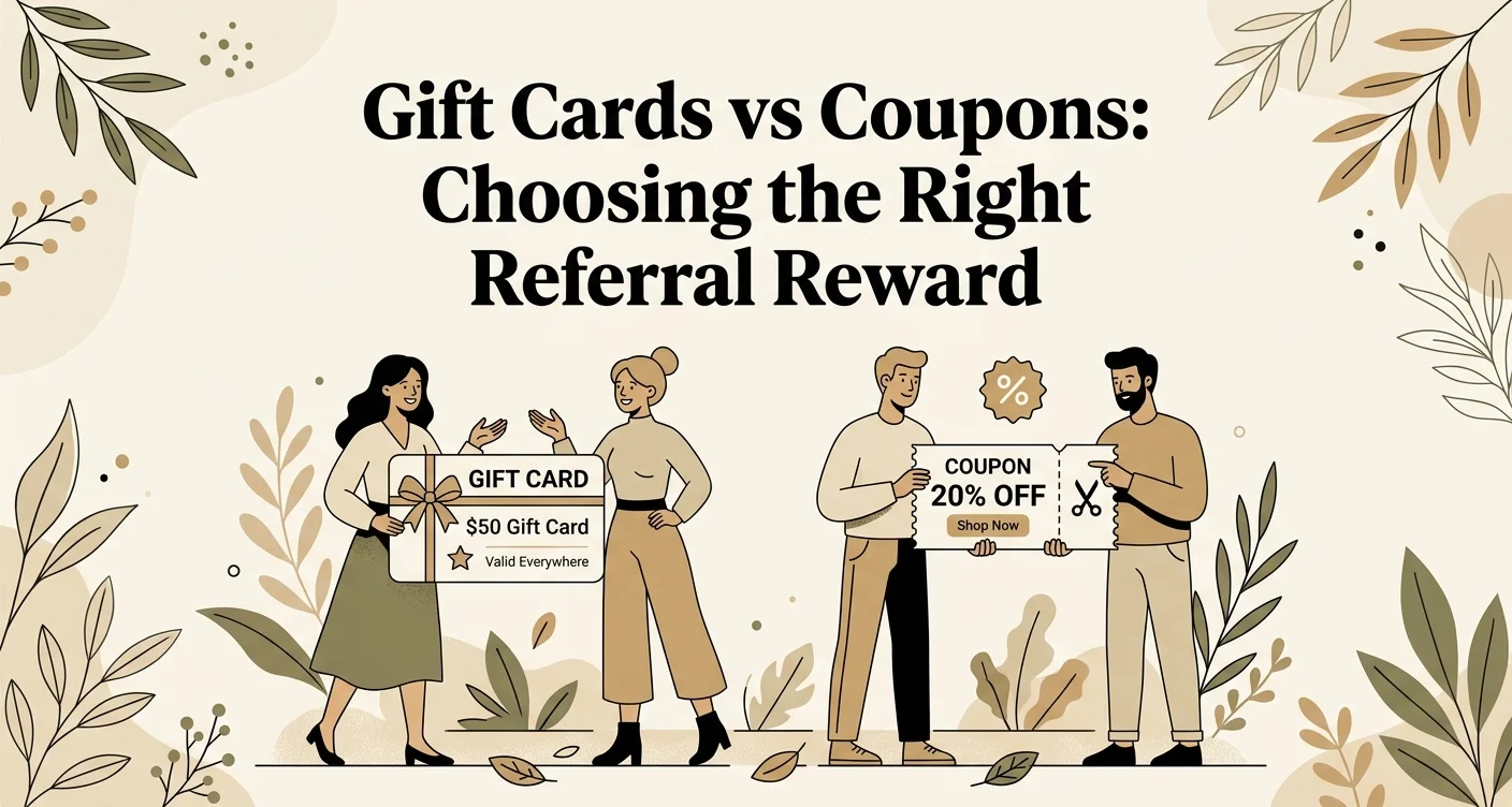 Modern digital illustration with the title Gift Cards vs Coupons Choosing the Right Referral Reward displayed in white serif text on a periwinkle gradient background