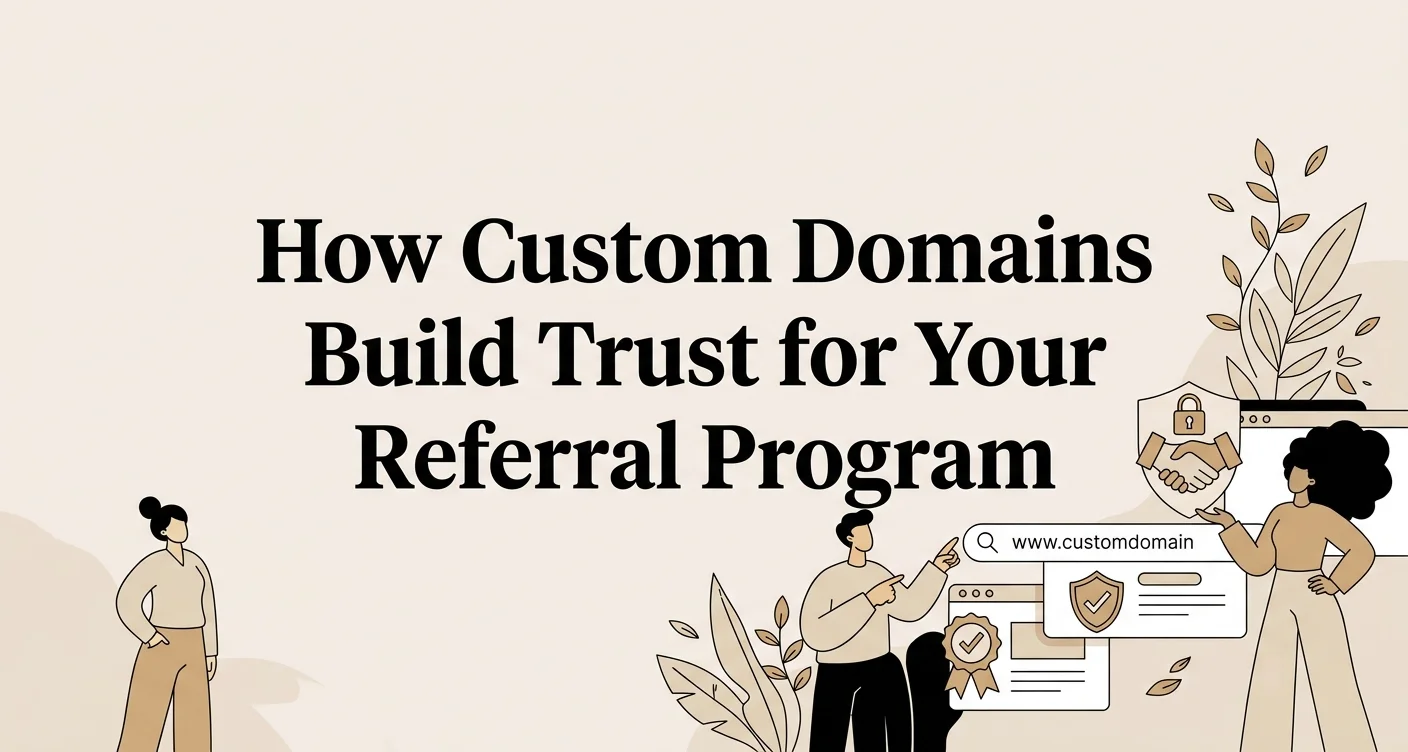 Modern digital illustration with the title How Custom Domains Build Trust for Your Referral Program displayed in white serif text on a periwinkle gradient background