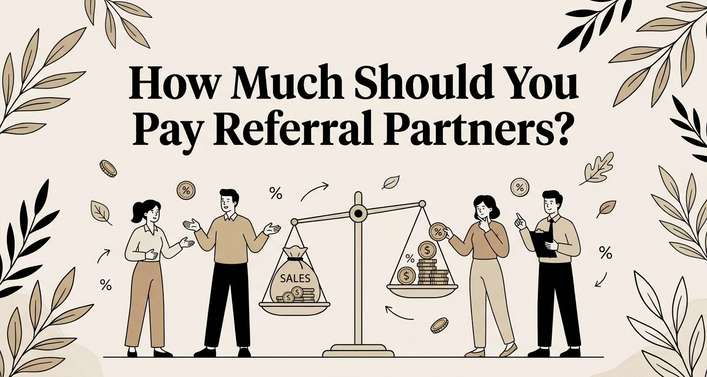 Modern digital illustration with the title How Much Should You Pay Referral Partners displayed in white serif text on a periwinkle gradient background