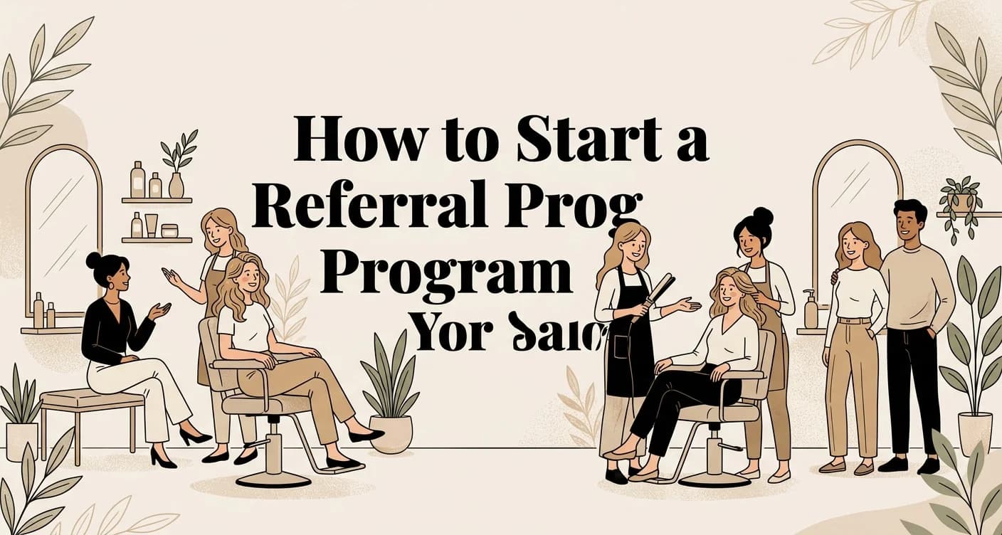 Modern digital illustration with the title How to Start a Referral Program for Your Salon displayed in white serif text on a periwinkle gradient background