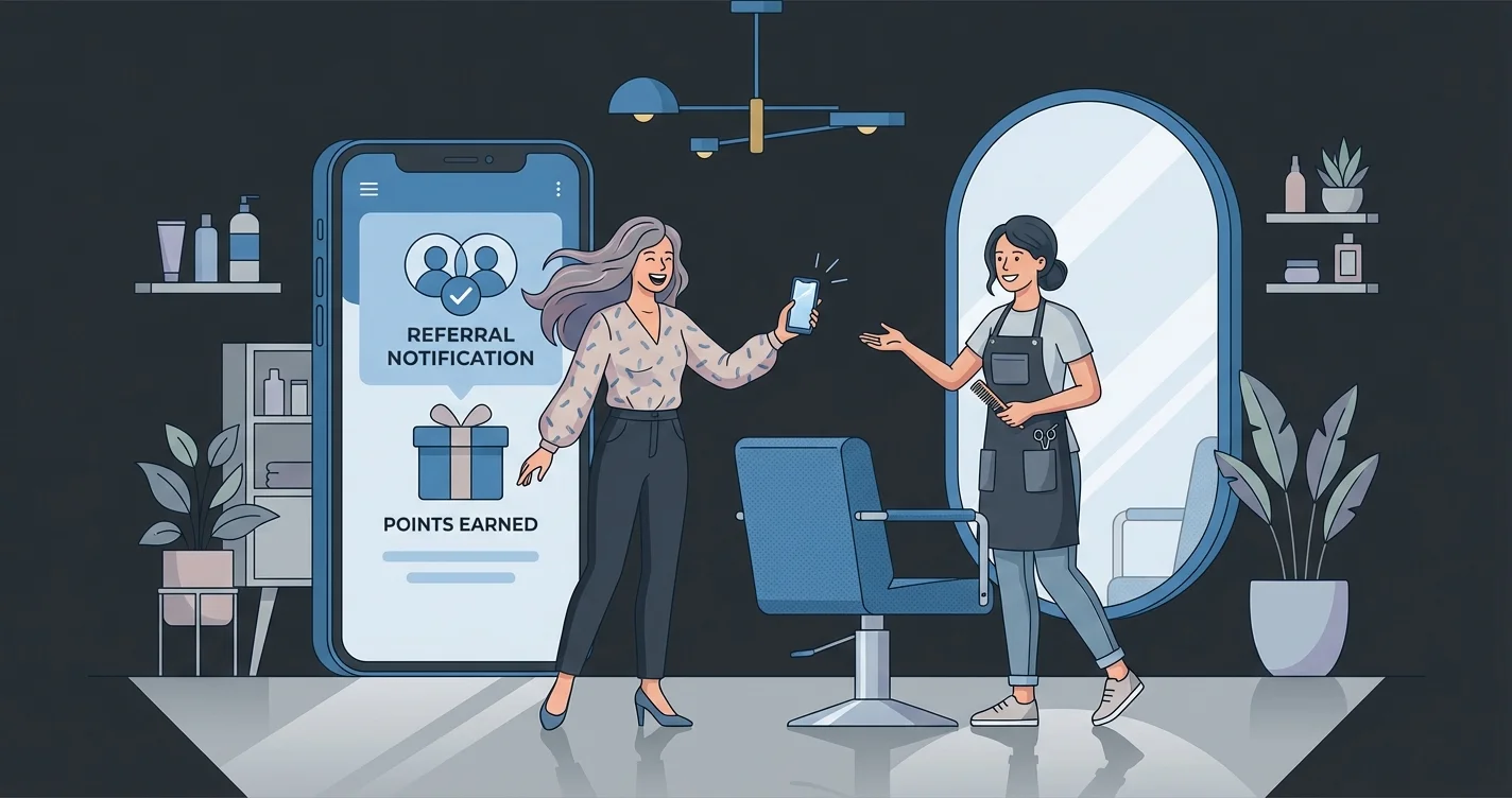 A bright, modern hair salon interior with a stylist handing a gift card to a smiling client at checkout, warm lighting, referral program poster visible on the wall