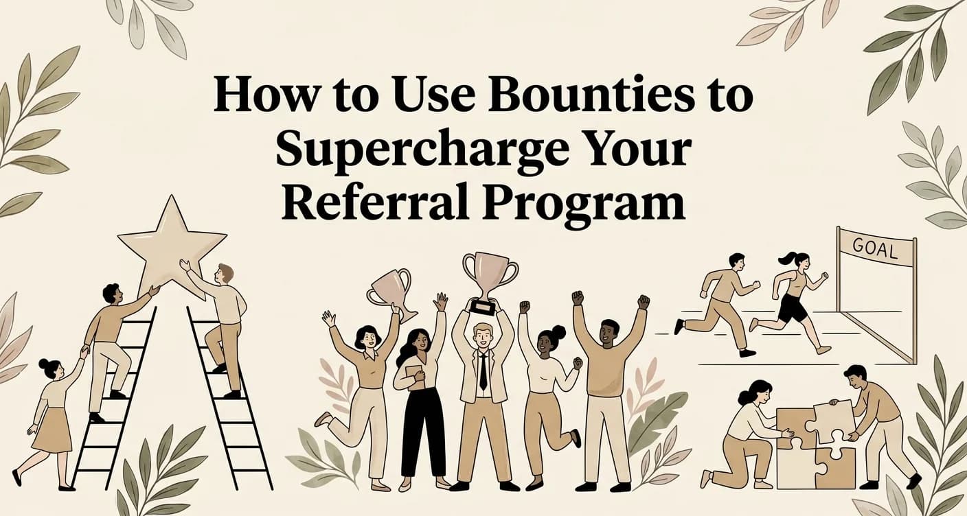 Modern digital illustration with the title How to Use Bounties to Supercharge Your Referral Program displayed in white serif text on a periwinkle gradient background