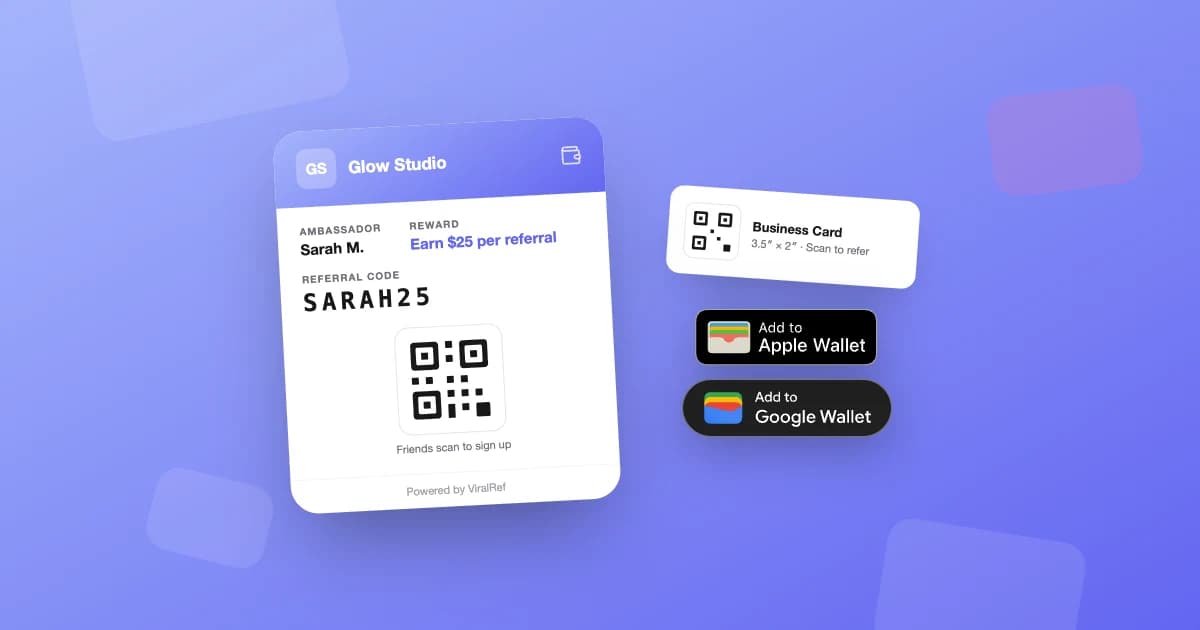 A branded referral pass with a QR code next to the official Add to Apple Wallet and Add to Google Wallet buttons