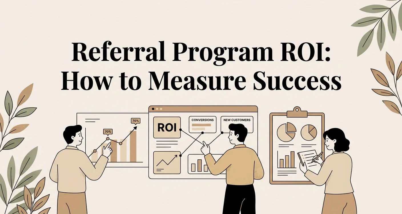 Modern digital illustration with the title Referral Program ROI How to Measure Success displayed in white serif text on a periwinkle gradient background