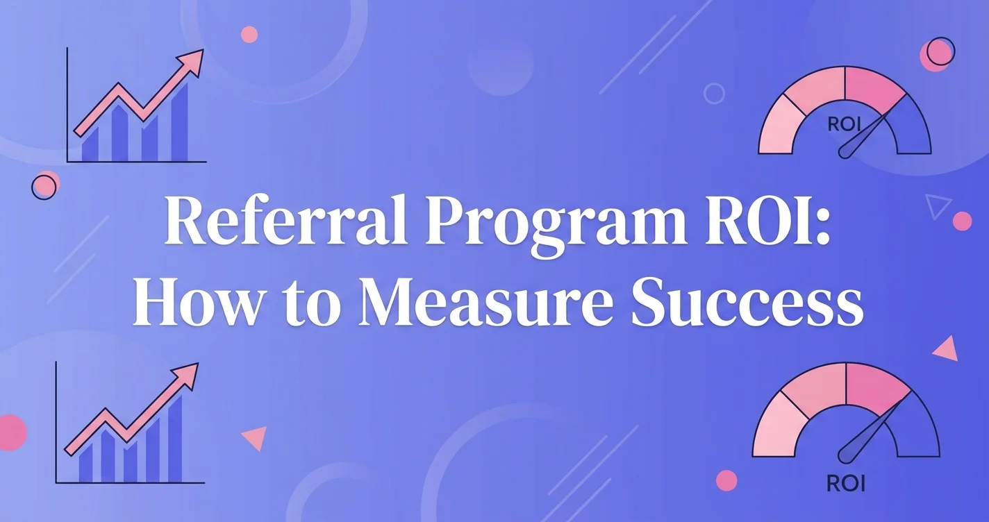 Modern digital illustration with the title Referral Program ROI How to Measure Success displayed in white serif text on a periwinkle gradient background