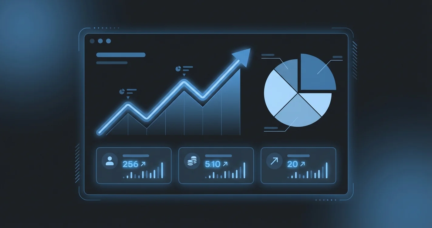 A dashboard screen showing upward-trending charts and ROI metrics for a referral program, with green arrows indicating growth, displayed on a laptop in a bright office setting