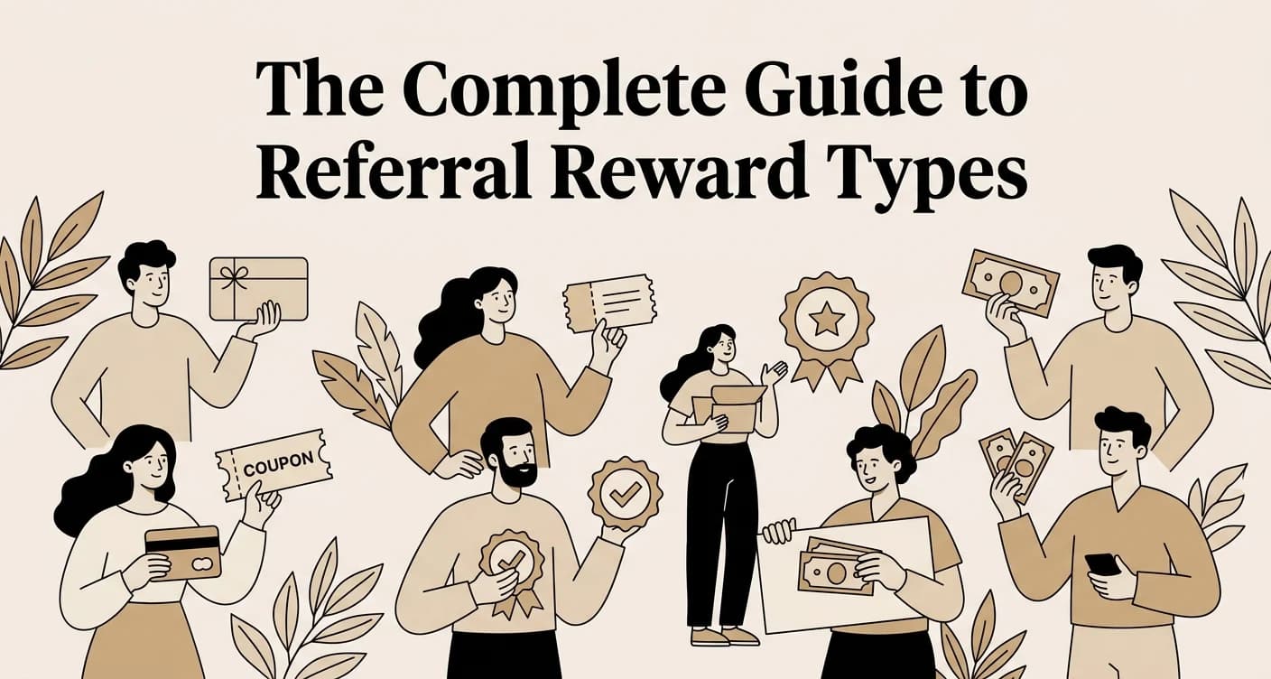 Modern digital illustration with the title The Complete Guide to Referral Reward Types displayed in white serif text on a periwinkle gradient background