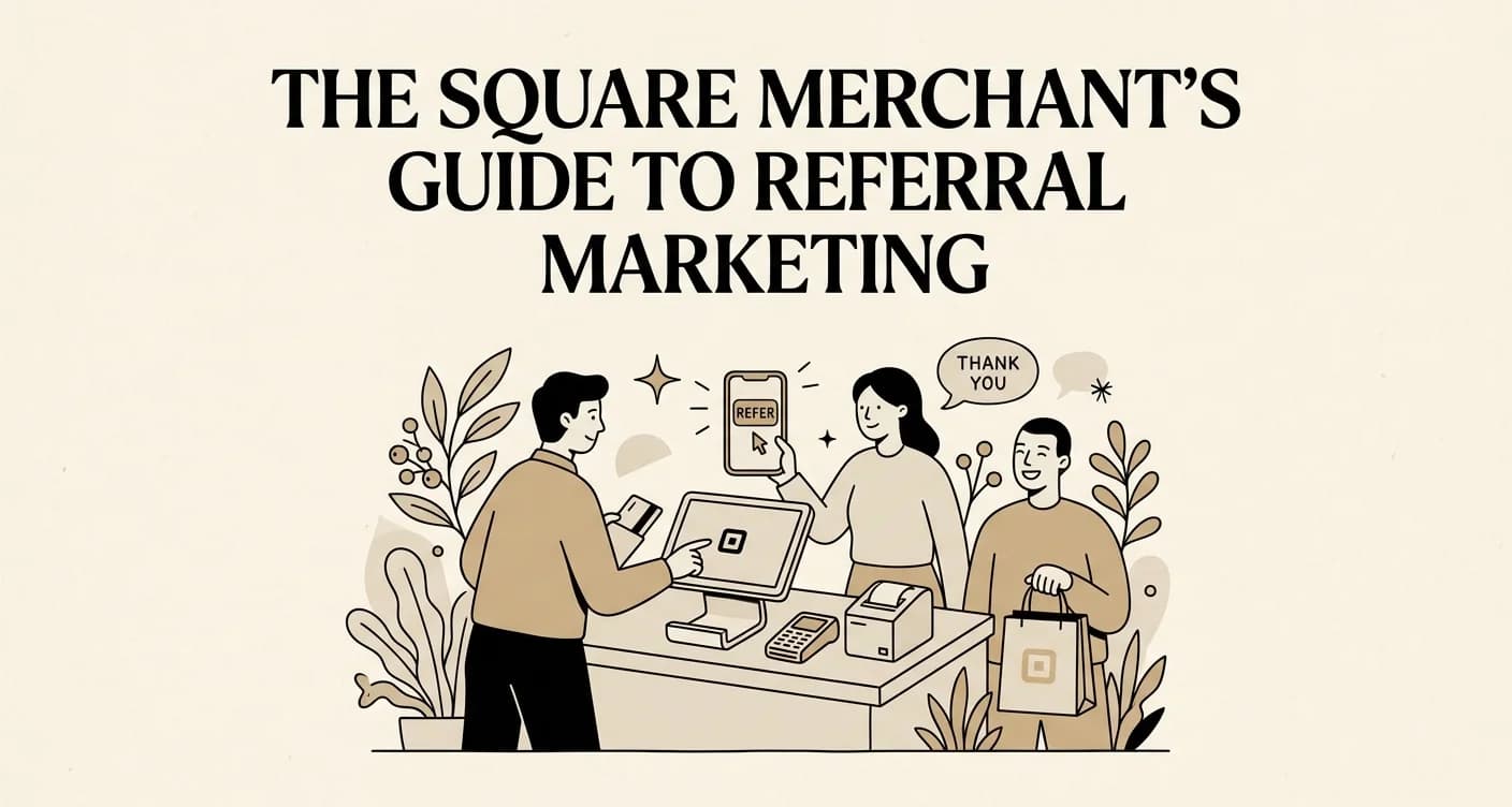 Modern digital illustration with the title The Square Merchants Guide to Referral Marketing displayed in white serif text on a periwinkle gradient background