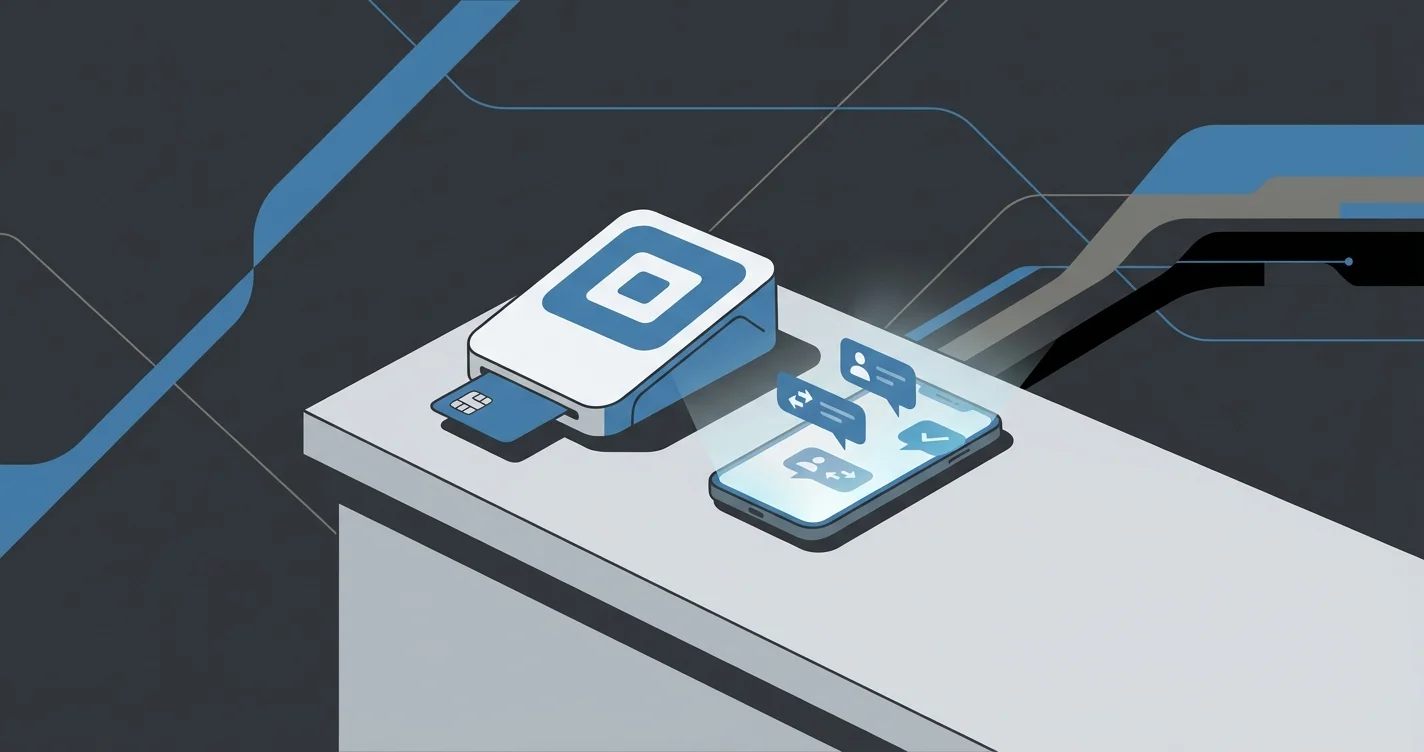 A Square POS terminal on a salon counter with a referral program card beside it, showing a QR code and the text 'Refer a friend, earn rewards', warm and inviting atmosphere