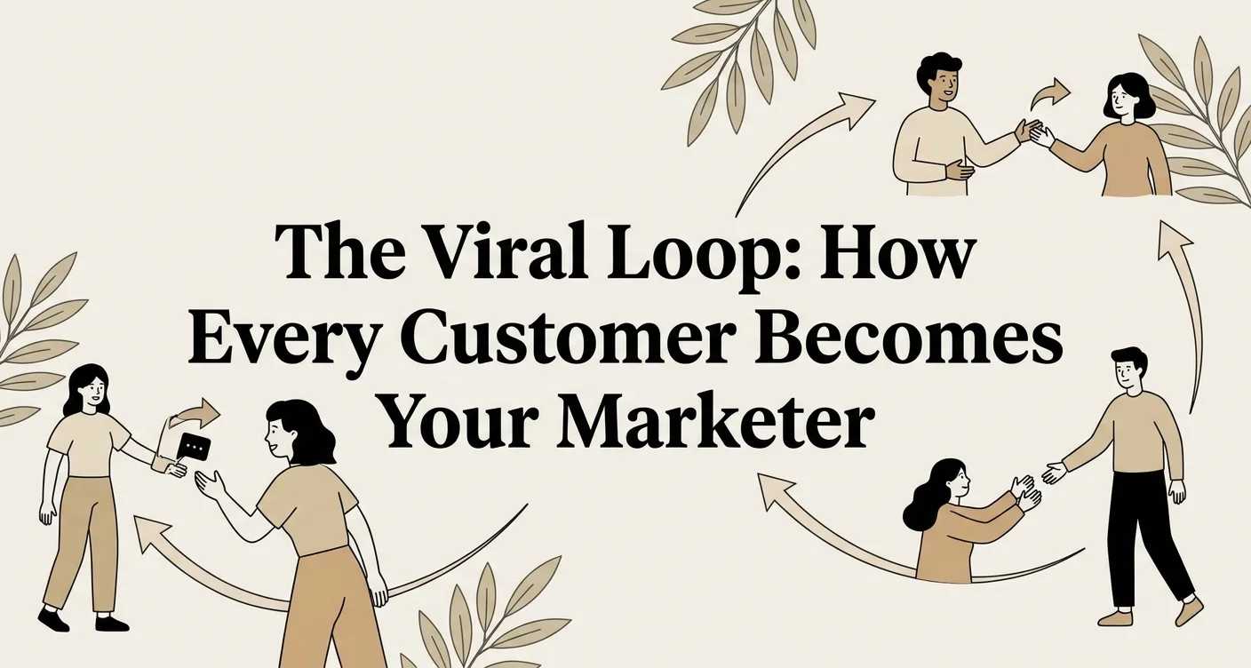 Modern digital illustration with the title The Viral Loop How Every Customer Becomes Your Marketer displayed in white serif text on a periwinkle gradient background