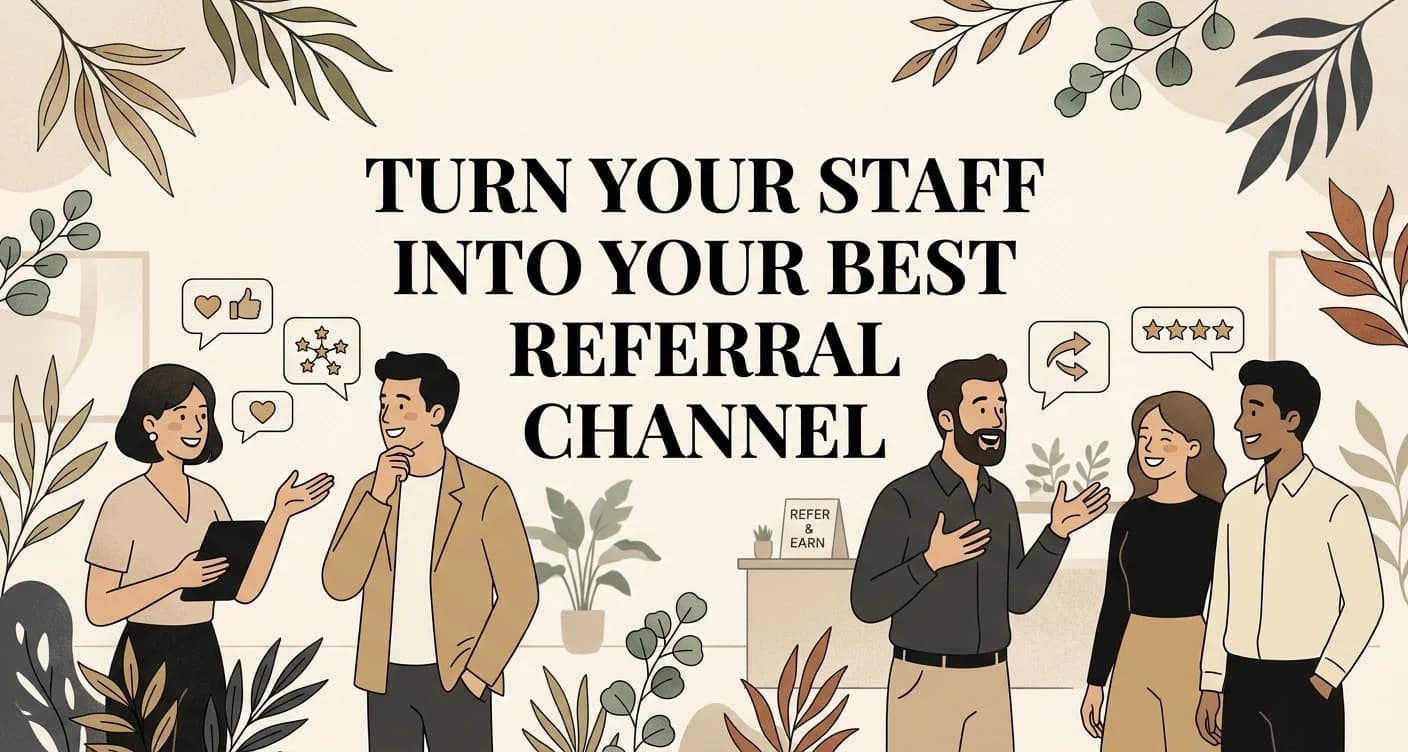 Modern digital illustration with the title Turn Your Staff Into Your Best Referral Channel displayed in white serif text on a periwinkle gradient background