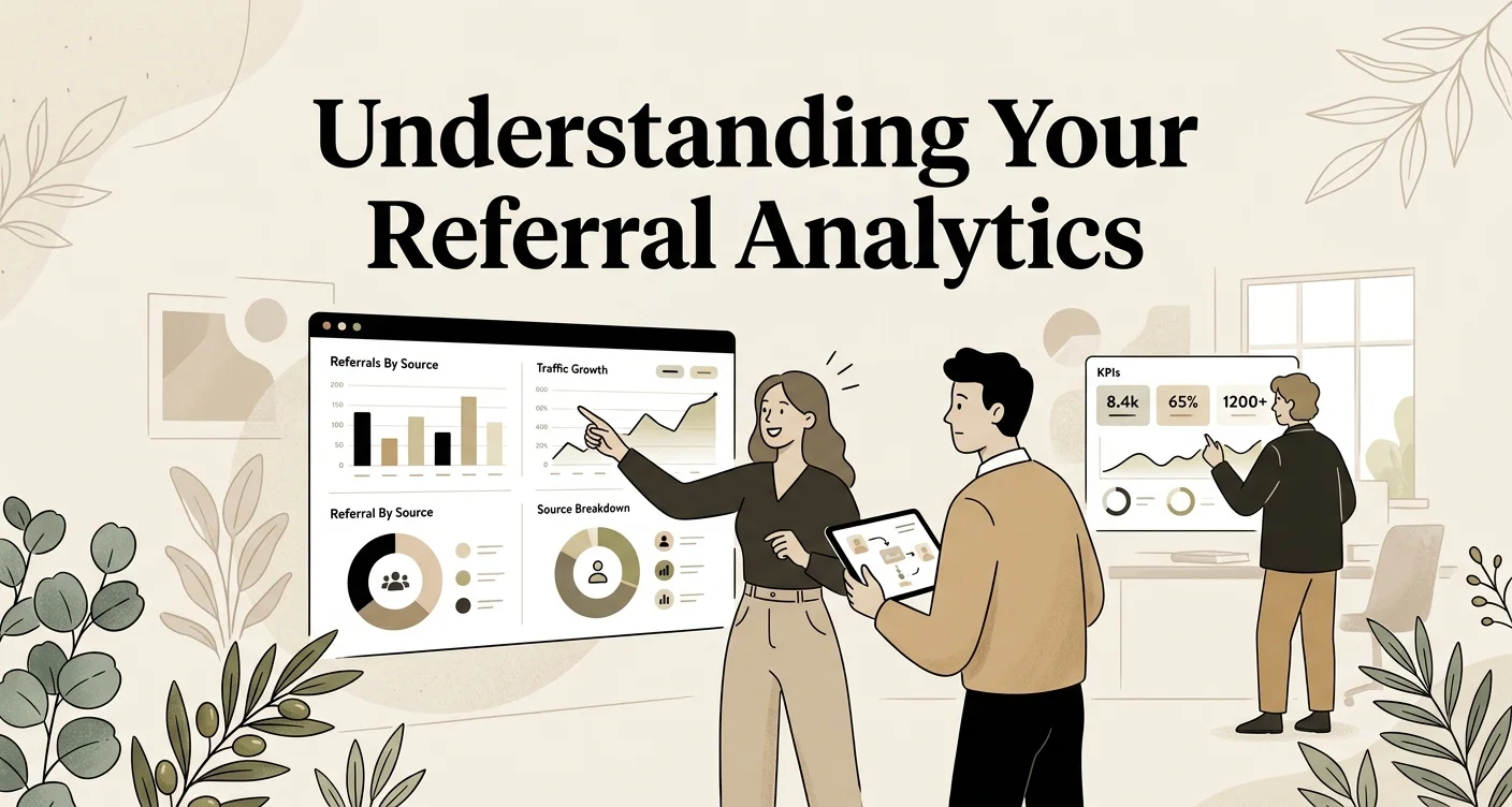 Modern digital illustration with the title Understanding Your Referral Analytics displayed in white serif text on a periwinkle gradient background