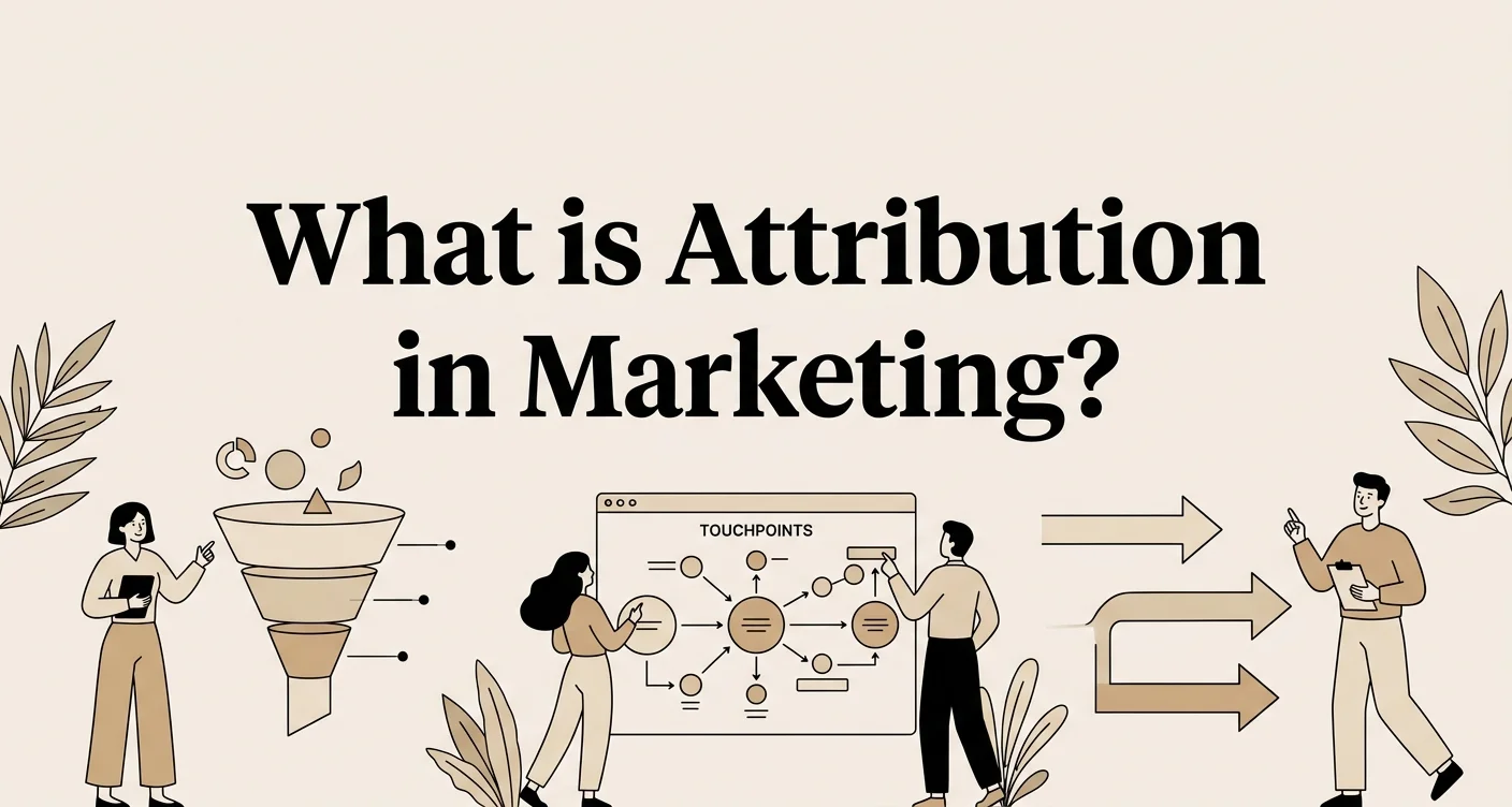Modern digital illustration with the title What is Attribution in Marketing displayed in white serif text on a periwinkle gradient background