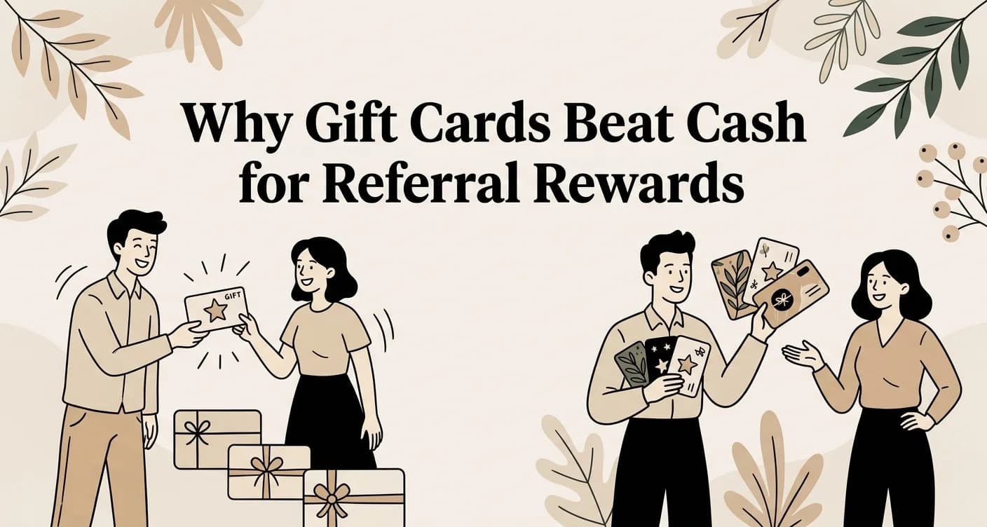 Modern digital illustration with the title Why Gift Cards Beat Cash for Referral Rewards displayed in white serif text on a periwinkle gradient background