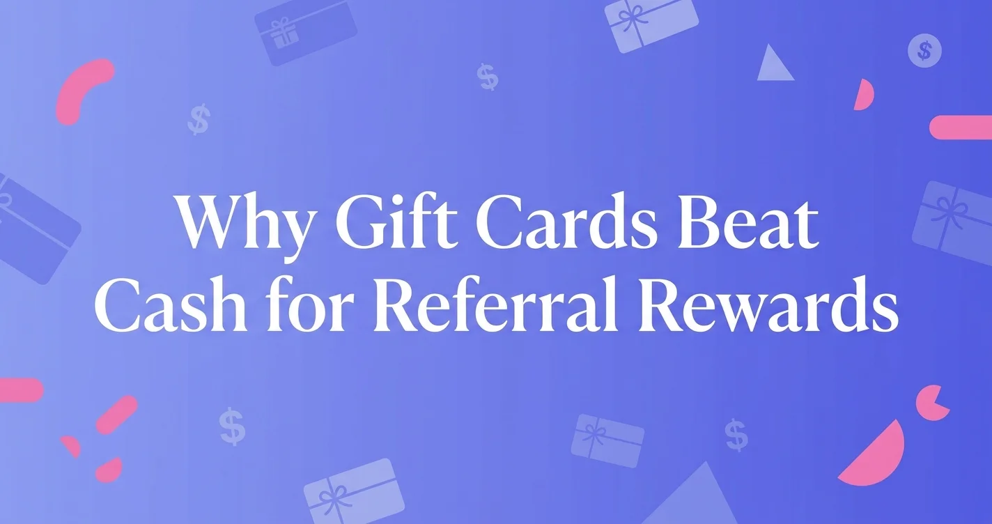 Modern digital illustration with the title Why Gift Cards Beat Cash for Referral Rewards displayed in white serif text on a periwinkle gradient background