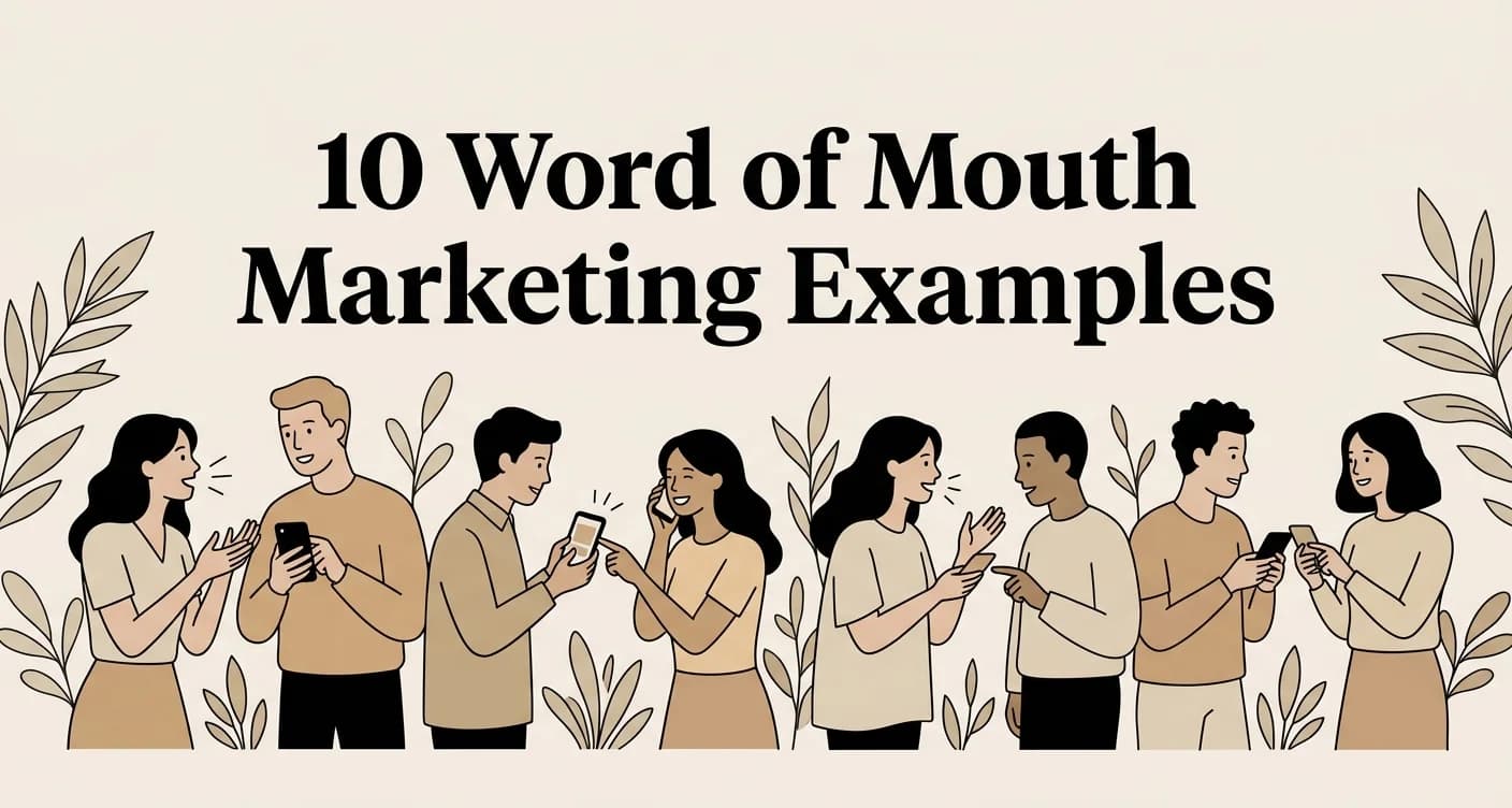 Modern digital illustration with the title 10 Word of Mouth Marketing Examples displayed in white serif text on a periwinkle gradient background