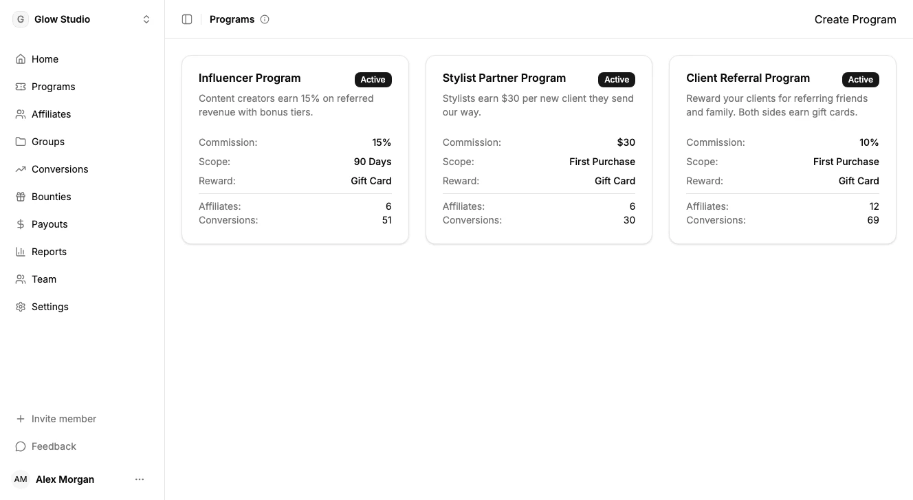ViralRef programs dashboard showing referral program setup and configuration