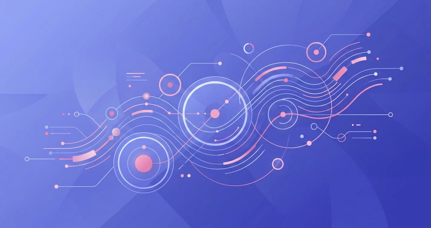Modern digital illustration of abstract data visualization with circles and flowing data lines representing attribution challenges on a periwinkle gradient background