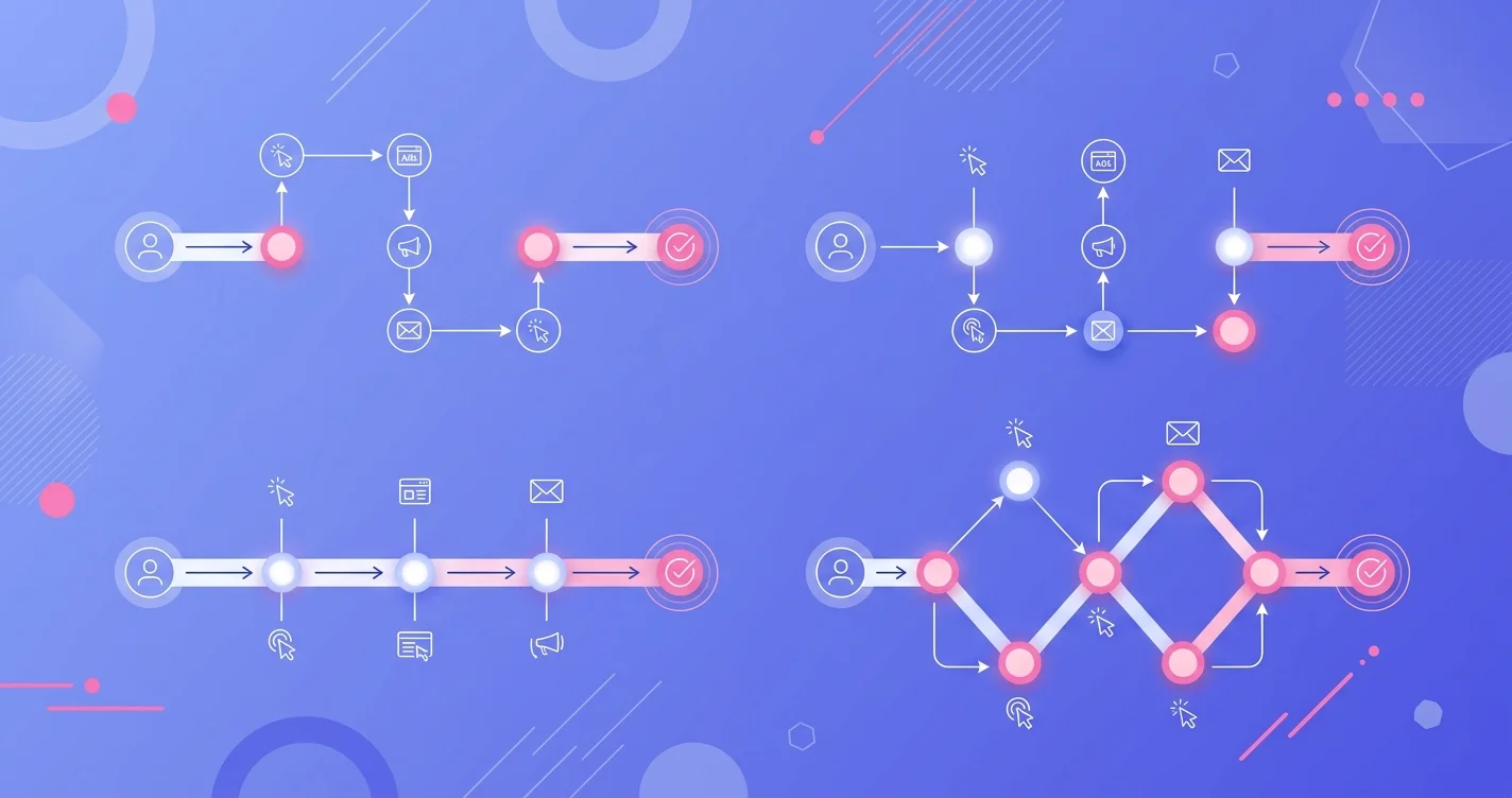 Modern digital illustration of marketing attribution models visualized as connected pathway nodes on a periwinkle gradient background
