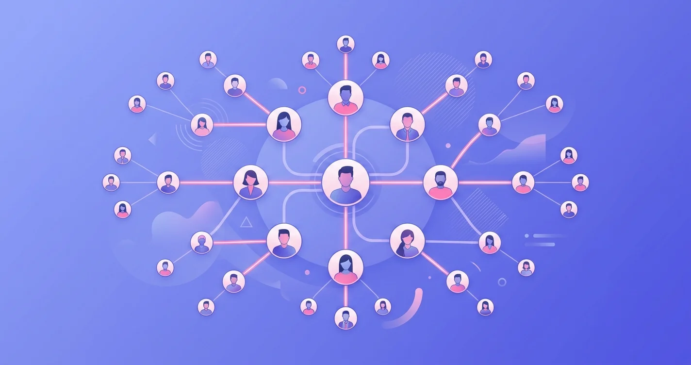 Modern digital illustration of a referral networking system with connected user icons on a periwinkle gradient background