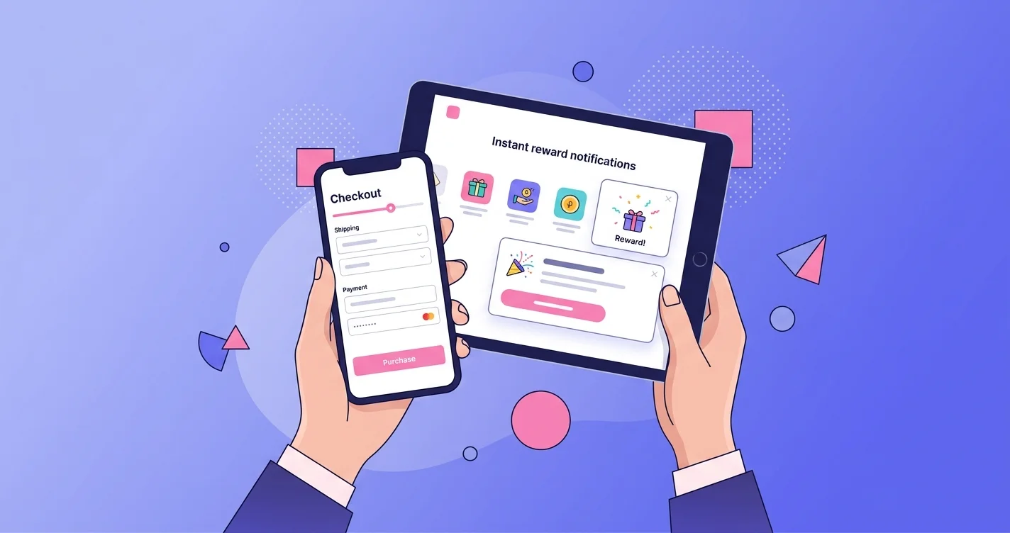 Modern digital illustration of hands holding devices showing instant reward notifications on a periwinkle gradient background