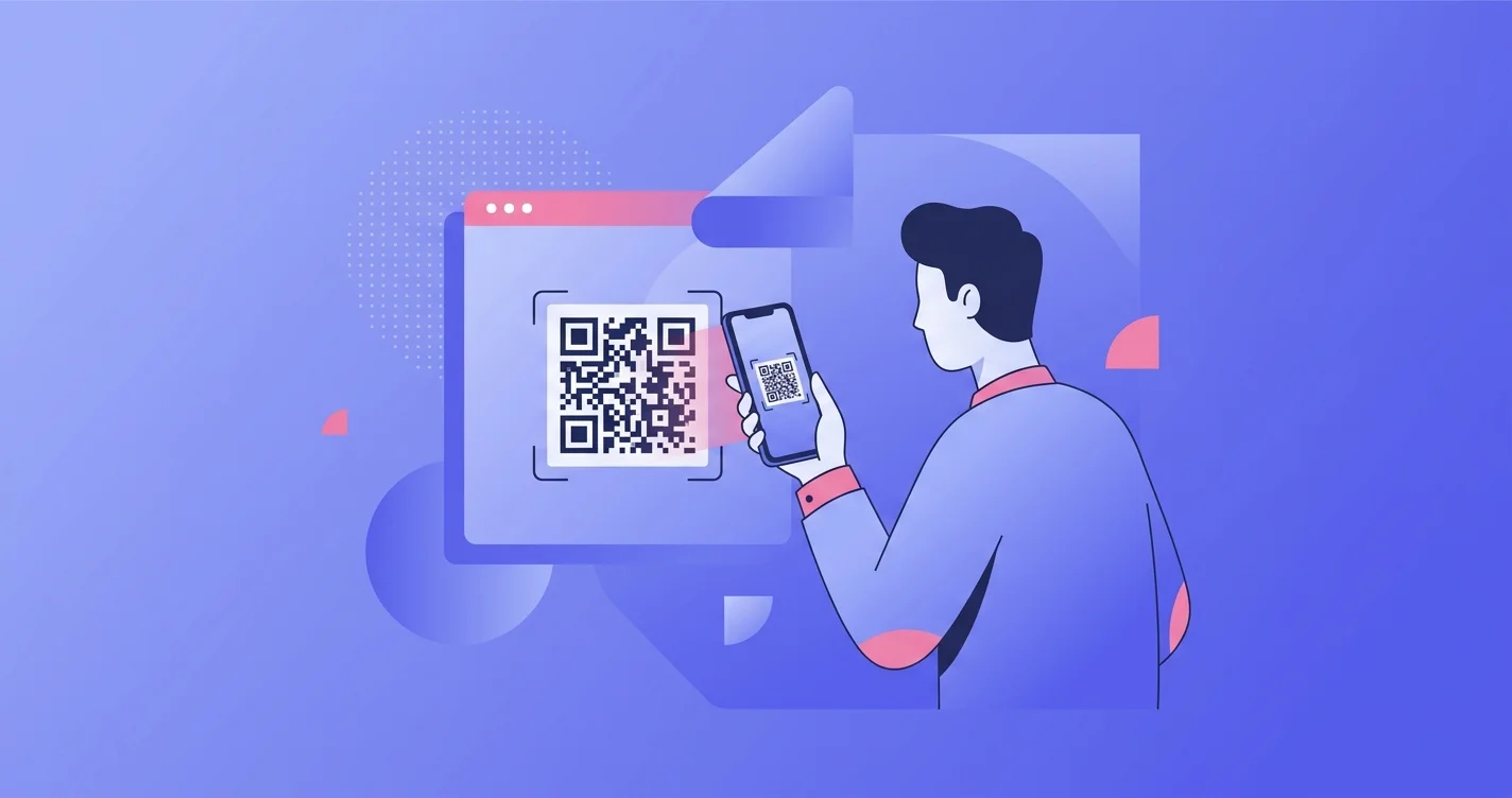 Modern digital illustration of a person scanning a QR code with a smartphone on a periwinkle gradient background