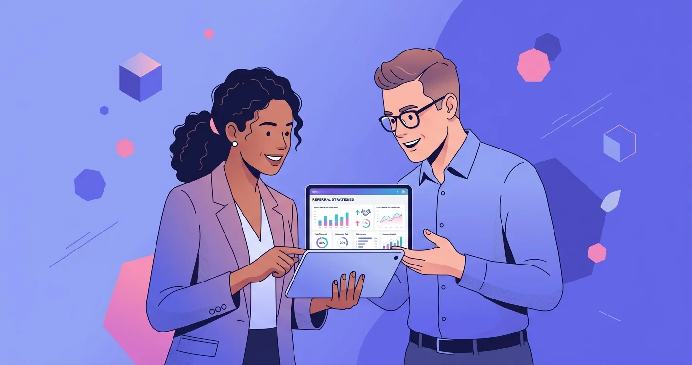 Modern digital illustration of two colleagues discussing referral strategies on a tablet on a periwinkle gradient background